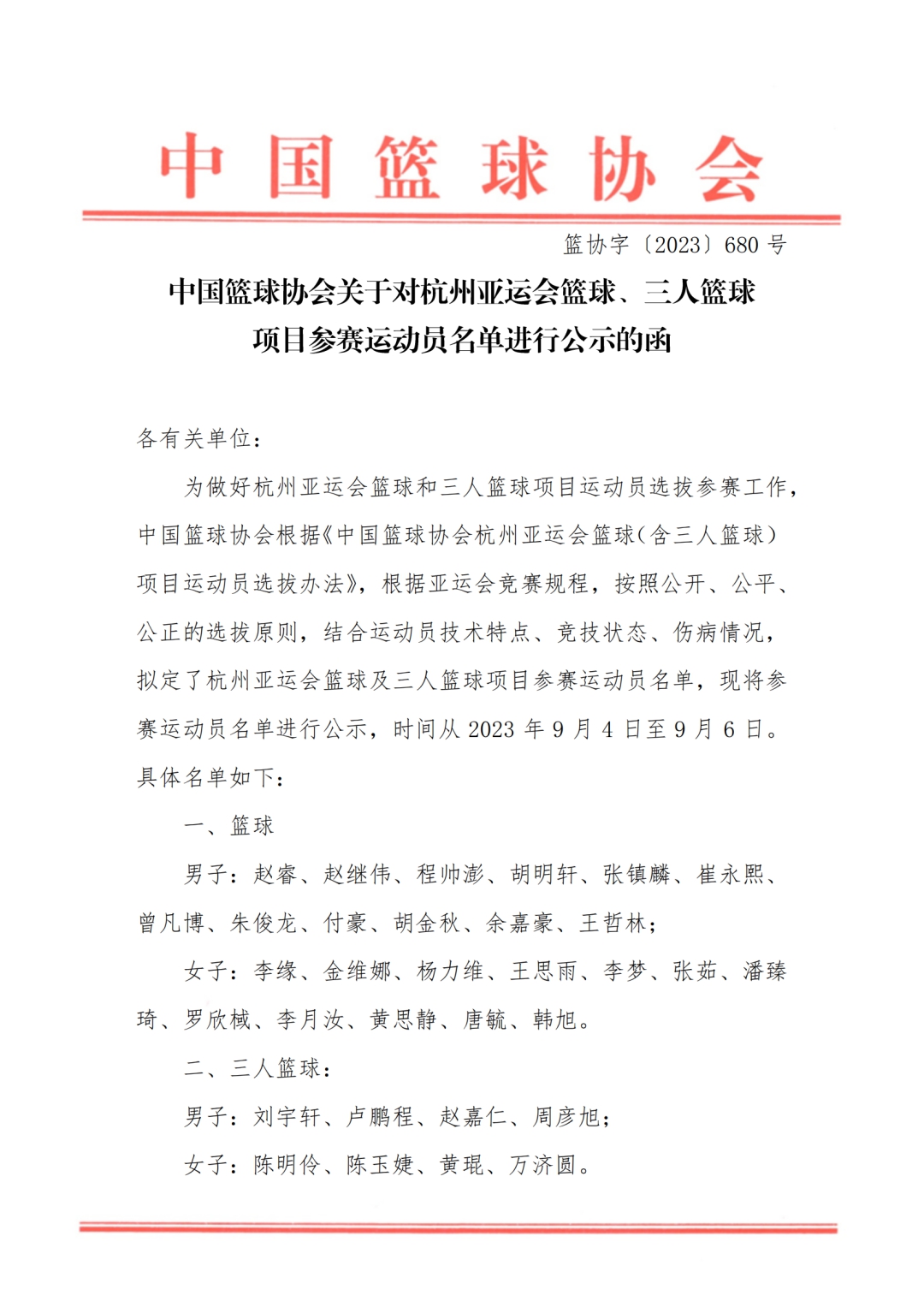 杭州亚运会篮球项目中国队名单公布，你怎么看？