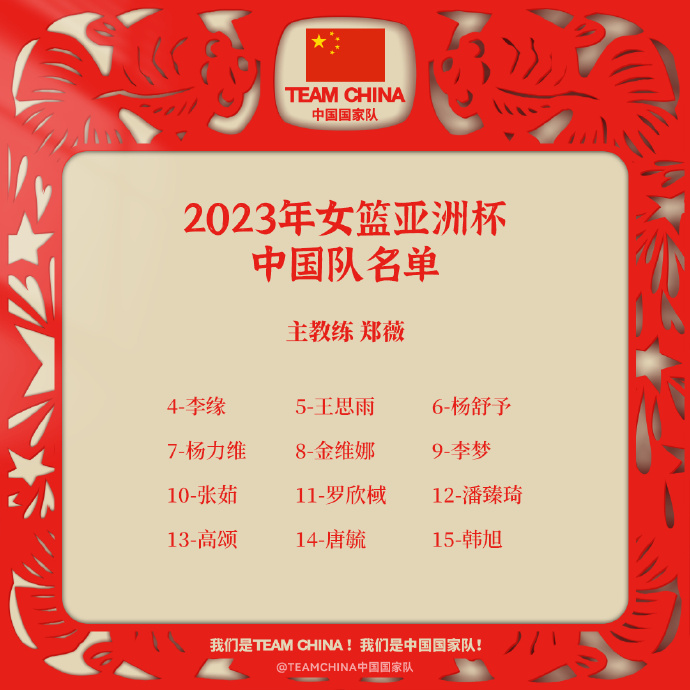 2023年女篮亚洲杯中国女篮参赛大名单出炉